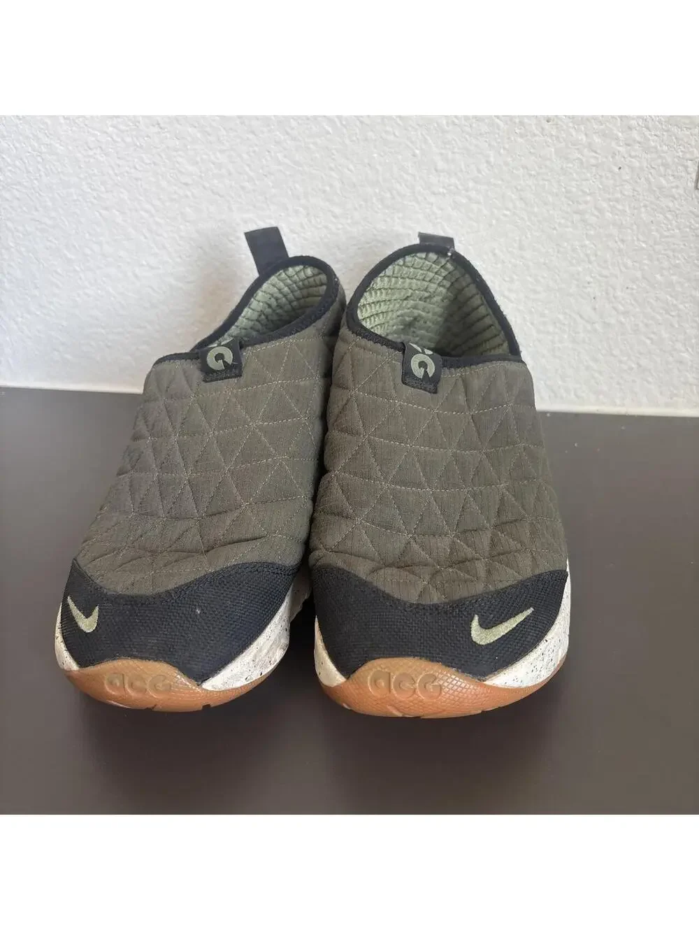 Nike ACG slip-on sneakers in olive green with quilted diamond pattern